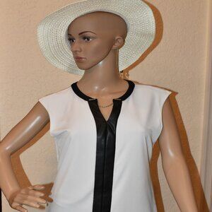 Calvin Klein White, Sleeveless Blouse with a faux leather trim US SP
